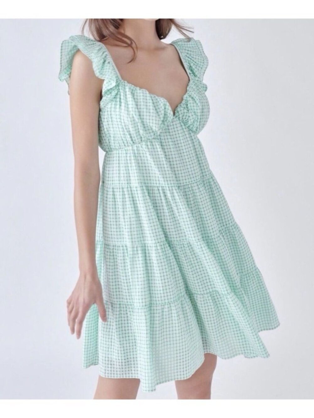 English Factory Women’s Green and White Gingham Babydoll Minidress Size Medium